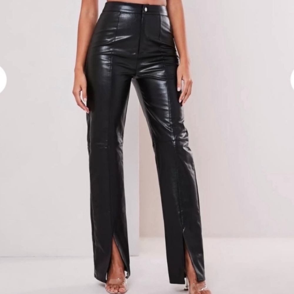 Missguided Black Flare Faux Leather Split Hem High Waist Pants Size 12